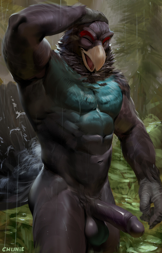 2021 abs anthro avian balls beak bird black_balls black_body black_feathers black_glans black_penis brown_body brown_feathers butt capercaillie chest_tuft chunie claws detailed_background digital_media_(artwork) erection feathers featureless_chest foreskin galliform genitals glans grouse hi_res humanoid_genitalia humanoid_penis male muscular muscular_male neck_tuft nude obliques one_eye_closed open_beak open_mouth outside pecs penis phasianid plant portrait pubes raining retracted_foreskin scuted_arms scutes solo teal_feathers three-quarter_portrait tongue tree tuft vein veiny_penis wink // 817x1280 // 485.8KB