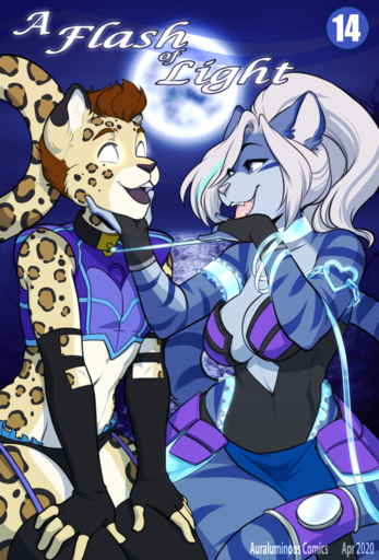 aegis_(infinitedge2u) anthro ash_(ashkelling) breasts canid canine canis clothed clothing crossdressing duo eyebrows eyelashes felid female hair hi_res kittydee leopard male mammal mind_control open_mouth pantherine purple_eyes smile teeth tongue white_hair wolf // 867x1280 // 1.0MB