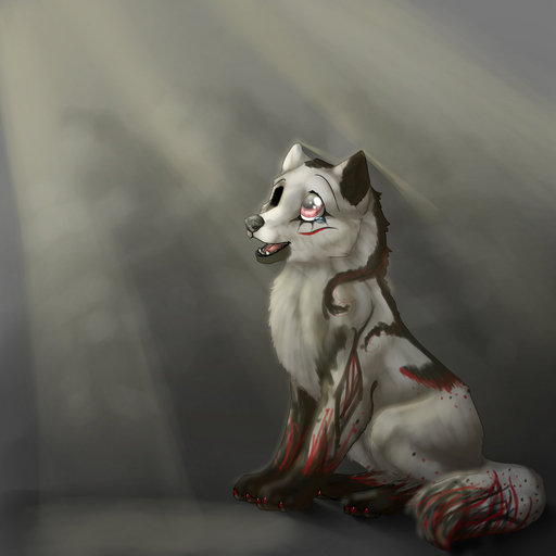 1:1 canid canine canis digital_media_(artwork) digital_painting_(artwork) female feral fluffy fur hi_res mammal open_mouth paws red_eyes sitting solo teeth tongue ulitochka white_body white_fur wolf // 1500x1500 // 560KB