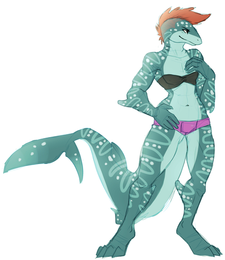2015 anthro bottomwear breasts carpet_shark clothed clothing digital_media_(artwork) digitigrade female fish fivel flat_chested gills hair hi_res marine midriff muscular muscular_anthro muscular_female navel non-mammal_breasts nyra red_hair shark shorts simple_background smile smirk solo whale_shark white_background // 1280x1475 // 664.9KB