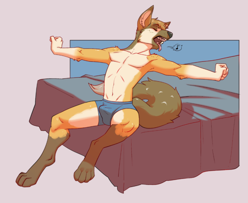 2018 4_toes 5_fingers absurd_res anthro bed biped boxer_briefs bulge canid canine canis clothed clothing digital_media_(artwork) digitigrade domestic_dog erection eyes_closed fangs feet fingers fist freckles fur furniture fuzzamorous genital_outline german_shepherd half_naked herding_dog hi_res jorden_riley male mammal morning_wood musical_note open_mouth pastoral_dog paws sharp_teeth solo stretching teeth tenting toes tongue tongue_out topless underwear yawn // 4672x3816 // 2.3MB