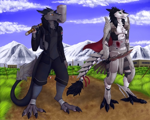 5:4 anthro barefoot black_hair brown_eyes clothed clothing day detailed_background digital_media_(artwork) duo feet hair holding_object holding_sword holding_weapon male melee_weapon mershcallidus outside sergal sword tales_foxdale unknown_character weapon wounded // 1280x1024 // 264.2KB