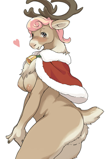 <3 anthro antlers bell blush breasts cape capreoline cervid christmas clothed clothing collar digital_media_(artwork) female fur hair holidays horn kikurage looking_at_viewer mammal mantle nipples nude partially_clothed pink_eyes pink_hair reindeer simple_background solo white_background // 599x899 // 103.1KB
