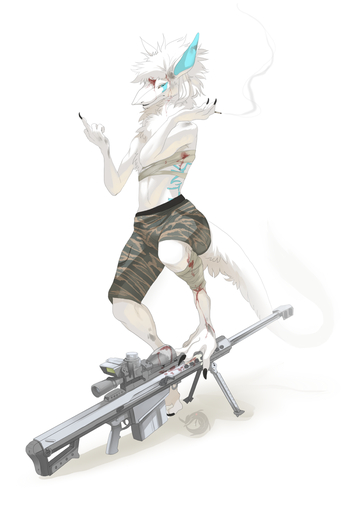 2011 bandage blood blue_eyes bodily_fluids bottomwear camo cigarette claws clothing gesture gun hi_res lingrimm looking_at_viewer male mammal markings middle_finger ranged_weapon rifle scope sergal shorts simple_background smoke smoking sniper_rifle solo weapon white_background // 900x1296 // 380.6KB