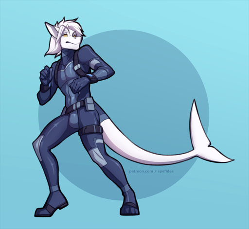 2018 5_fingers anthro blue_background bulge clothed clothing digital_media_(artwork) fingers fish hair male marine shark simple_background solo spefides text url white_hair yellow_eyes // 870x800 // 320KB