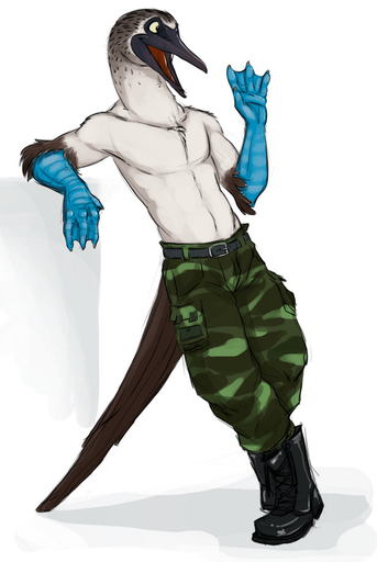 anthro avian beak belt bird blue-footed_booby booby_(bird) boots bottomwear camo claws clothed clothing conditional_dnp feathers footwear gesture leaning male membrane_(anatomy) pants sefeiren solo sterk sulid tail_feathers talons topless waving webbed_hands // 615x919 // 104.6KB