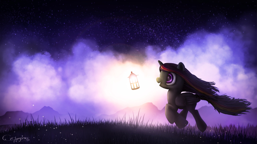 16:9 black_hair detailed_background digital_media_(artwork) digital_painting_(artwork) equid equine fan_character feathered_wings feathers female feral grey_body grey_feathers hair hasbro hi_res hooves horn horse lantern mammal my_little_pony night outside photonoko purple_eyes smile solo widescreen winged_unicorn wings // 1920x1080 // 1.7MB