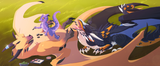 amber_eyes ambiguous_gender chopsticks cyrakhis dinkysaurus dnk dragon feeding feral field food grass group hi_res horn kobold lying nil on_back outside plant purple_body purple_scales romantic_couple scales scalie sushi western_dragon wings yellow_body yellow_scales // 2000x826 // 1.7MB