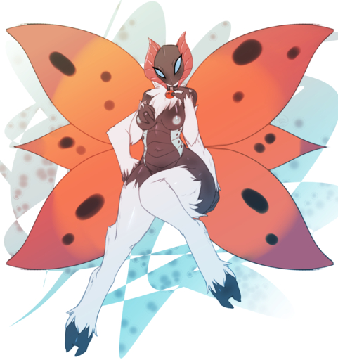 2015 abstract_background absurd_res anthro anthrofied arthropod avante92 blue_eyes blush breasts butt collar female hi_res insect lepidopteran looking_at_viewer multi_arm multi_limb navel nipples non-mammal_breasts nude pokemon_(species) pokemorph simple_background smile solo video_games volcarona wide_hips wings // 2599x2768 // 2.3MB