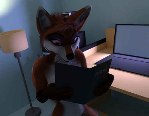 3d_(artwork) anthro book canid canine death_note digital_media_(artwork) dipstick_ears english_text female fox fur hair holding_book holding_object inside lamp mammal multicolored_ears navel red_body red_eyes red_fur red_hair ruaidri solo text titord white_body white_fur wide_hips // 1280x1000 // 6.2MB