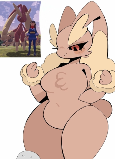 2022 akari_(pokemon) ambiguous_gender anthro biped black_sclera bodily_fluids brown_body brown_fur cheek_tuft chest_tuft curvy_figure digital_media_(artwork) eyelashes facial_tuft female front_view fur hi_res human lagomorph larger_female lopunny mammal markings mole_(marking) nervous nude photo pokemon_(species) puppychan48 red_eyes screencap simple_background size_difference slightly_chubby smaller_ambiguous smile solo standing sweat tan_body tan_fur three-quarter_view tuft video_games white_background // 900x1248 // 103.4KB