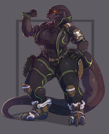 2017 anthro armor big_breasts breasts clothed clothing curvy_figure digital_media_(artwork) female flexing footwear glowing glowing_eyes hi_res holster komodo_dragon lizard looking_at_viewer monitor_lizard muscular muscular_anthro muscular_female non-mammal_breasts reptile rube scalie signature skinsuit solo thick_thighs tight_clothing voluptuous wide_hips // 1926x2352 // 1.7MB