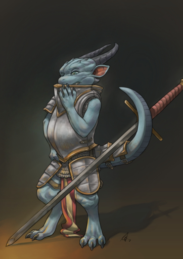 3_toes 4_fingers anthro armor barefoot blue_body blue_scales claws clothed clothing crestfallenartist digital_media_(artwork) digitigrade dragon feet fingers green_eyes hi_res horn kobold looking_down male melee_weapon scales scalie simple_background solo standing sword teeth toe_claws toes weapon // 919x1300 // 1.1MB