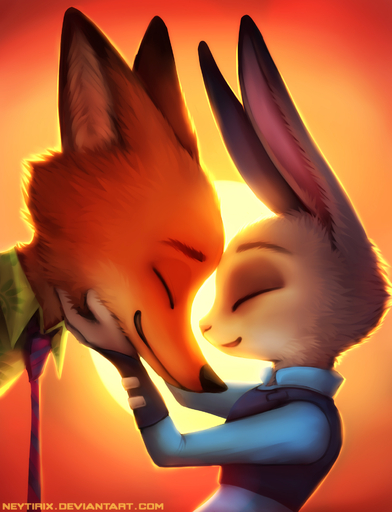 anthro black_nose canid canine clothed clothing disney duo eyes_closed female fox fur grey_body grey_fur hand_on_face happy hi_res judy_hopps lagomorph leporid male mammal neytirix nick_wilde orange_body orange_fur rabbit red_fox smile vulpes zootopia // 1497x1957 // 976KB