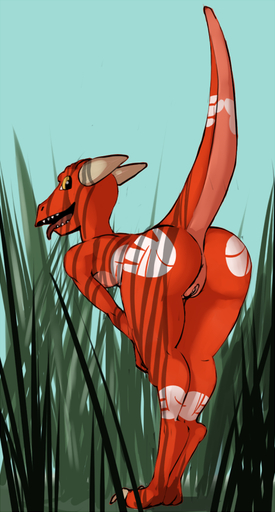 anus ass big_ass digitigrade female grass horn kobold looking_at_viewer looking_back markings open_mouth presenting pussy raised_tail red_scales reptile rml scalie tail tongue tongue_out wide_hips yellow_eyes // 430x800 // 235.5KB