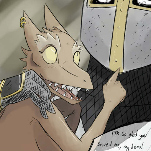 1:1 2013 anthro armor blushbutt breasts dialogue duo ear_piercing english_text female human knight kobold looking_up male mammal open_mouth piercing scalie shocked teeth text warrior // 700x700 // 114KB