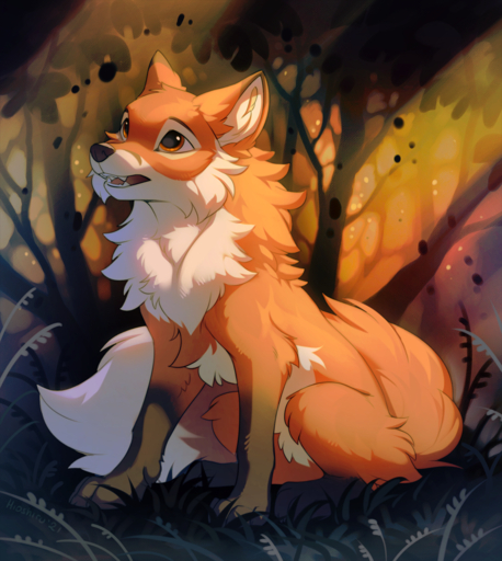 2021 ambiguous_gender canid canine day detailed_background digital_media_(artwork) feral forest fox fur grass hi_res hioshiru mammal orange_body orange_eyes orange_fur outside plant solo tree white_body white_fur // 1145x1280 // 1.8MB