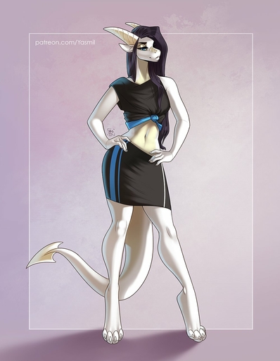 4_toes 5_fingers anthro barefoot black_hair blue_eyes breasts clothed clothing dragon eyebrows eyelashes feet female fingers hair hi_res horn midriff navel non-mammal_breasts solo standing toes wingless_dragon yasmil // 1000x1286 // 124.2KB