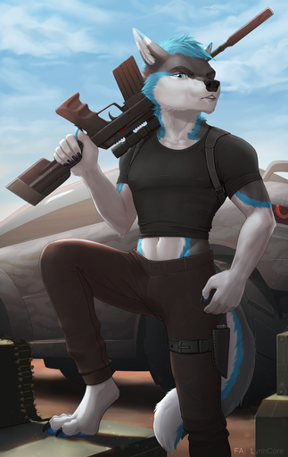 2019 4_toes 5_fingers anthro barefoot biped blue_eyes blue_hair canid canine canis clothed clothing day detailed_background digital_media_(artwork) domestic_dog feet fingers gun hair hi_res holding_gun holding_object holding_weapon husky lynncore male mammal nordic_sled_dog outside ranged_weapon sky solo spitz toes weapon // 808x1280 // 881.1KB