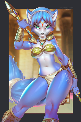 2016 accessory anthro armor black_nose blue_body blue_fur blue_hair breasts canid canine claws cleavage clothed clothing english_text female fox fur green_eyes hair hair_accessory hairband holding_object holding_weapon jewelry krystal krystal's_staff looking_at_viewer mammal markings miles_df navel necklace nintendo short_hair shoulder_pads skimpy smile solo staff star_fox tailband text tribal tribal_markings under_boob video_games weapon white_body white_fur wide_hips // 633x950 // 526.7KB
