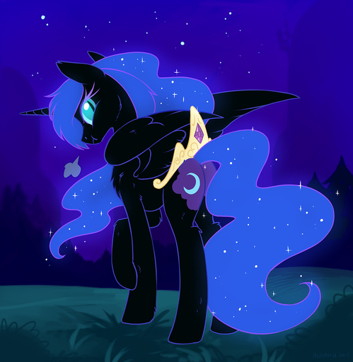 2016 black_body black_feathers black_fur butt cosmic_hair crown cutie_mark detailed_background equid equine ethereal_hair eyelashes feathered_wings feathers female feral fluffy fur hair hioshiru hooves horn horse long_hair mammal night nightmare_moon_(mlp) outside pseudo_hair solo standing winged_unicorn wings // 1073x1100 // 541.3KB