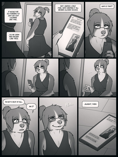 2020 3:4 anthro black_border border canid canine canis cellphone clothed clothing comic crossdressing dialogue digital_media_(artwork) domestic_dog elise_(glopossum) english_text eyebrows eyelashes eyewear female fur girly glasses glopossum grin hair male mammal mirror_selfie phone realization sad selfie smartphone smile standing text texting trans_(lore) trans_woman_(lore) // 750x1000 // 406.1KB