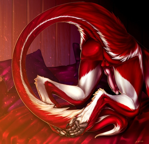 4_toes alichart_(character) animal_genitalia animal_penis backsack balls bed bodily_fluids butt butt_tuft digitigrade feet fur furniture genital_fluids genitals hi_res knot lifted long_tail male marisa111 pawpads paws penis pillow pose precum presenting red_body red_fur sergal solo toes tuft vilous white_body white_fur // 1280x1238 // 244.8KB
