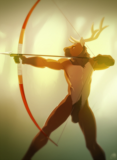 abstract_background animal_genitalia anthro antlers archer arrow balls biped bow_(weapon) casual_nudity cervid cervine digital_media_(artwork) elk fully_sheathed genitals hi_res holding_object holding_weapon horn male mammal nude patto ranged_weapon saeth_dryhtenhart_(tabra) saggy_balls sheath simple_background soft_focus solo standing weapon // 938x1280 // 965.1KB