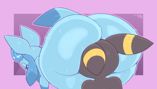 ambiguous_gender black_body blue_body bodily_fluids butt duo eeveelution face_in_ass frumples glaceon looking_back male mammal pokemon_(species) rear_view sweat umbreon video_games // 1407x800 // 542.5KB