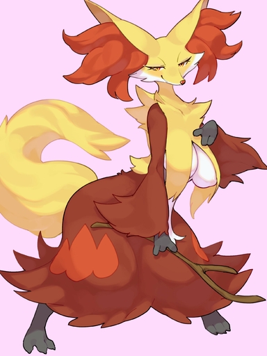 absurd_res anthro black_body breasts canid canine cheek_tuft delphox facial_tuft female fur hi_res inner_ear_fluff kame_3 looking_at_viewer mammal narrowed_eyes neck_tuft nipple_slip nipples pink_background pokemon_(species) pose pseudo_clothing red_body red_eyes red_fur red_nose simple_background smile solo standing stick tuft video_games white_body white_fur wide_hips yellow_body yellow_fur // 2033x2712 // 277.4KB