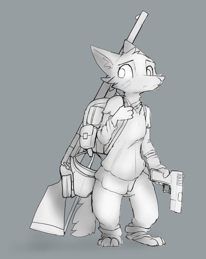 2020 absurd_res anthro backpack band-aid bandage barefoot canid canine cheek_tuft clothed clothing facial_tuft feet fox fully_clothed fur grey_background gun head_tuft hi_res holding_gun holding_object holding_weapon inner_ear_fluff mammal monochrome ranged_weapon rifle simple_background solo standing tuft weapon zhanbow // 2412x3026 // 330.1KB
