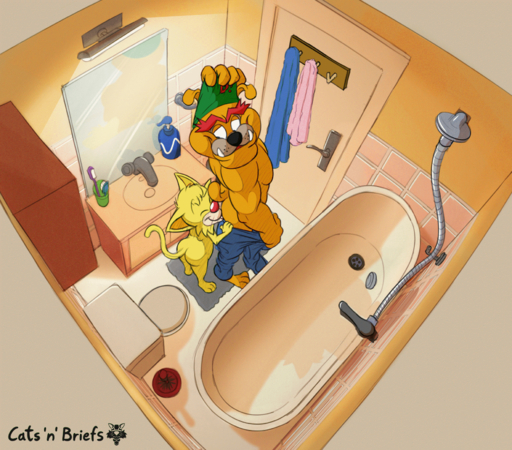 animated anthro bathing bathroom bathtub brown_body brown_fur canid canine canis cedamuc1 clothing couple_(disambiguation) detailed_background domestic_cat domestic_dog dribble_(warioware) duo felid feline felis fur genitals hi_res humanoid_genitalia humanoid_penis male malemale mammal nude oiruse penis red_nose romantic romantic_couple short_playtime shower spitz_(warioware) undressing water yellow_body yellow_fur // 1771x1555 // 4.9MB