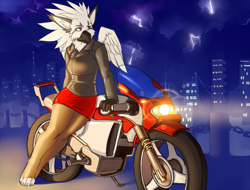 anthro avian beak clothed clothing faint feathered_wings feathers female gryphon motorcycle mythological_avian outside solo standing vehicle wings // 1000x757 // 693.5KB