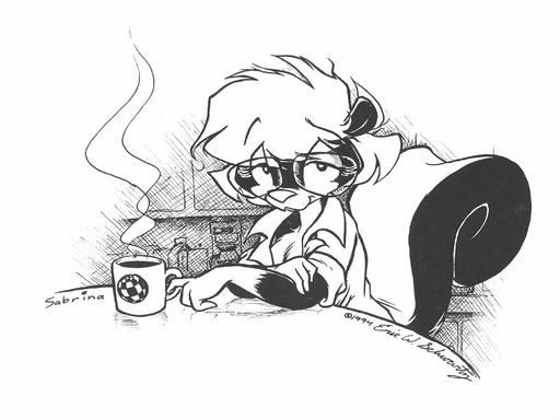 1994 4:3 anthro beverage coffee eric_schwartz female fluffy fluffy_tail food gloves_(marking) greyscale looking_at_viewer mammal markings mephitid monochrome morning sabrina_(sabrina_online) sabrina_online skunk slice_of_life solo striped_skunk tired tousled waking_up webcomic webcomic_character // 800x600 // 75.1KB