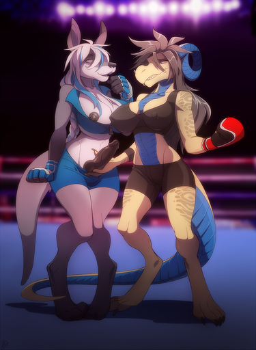 anthro areola barefoot big_breasts bottomwear boxing boxing_gloves breasts cleavage clothed clothing competition detailed_background digital_media_(artwork) duo erect_nipples erection feet female fighting_ring fur genitals grin gynomorph gynomorphfemale hair handwear hi_res horn intersex intersexfemale kangaroo knot kyra_(greyshores) long_hair macropod mammal markings marsupial midriff nipple_outline nipple_slip nipples open_mouth patto penis piercing reptile scalie sexfight sexual_competition shorts skimpy smile sport standing tight_clothing white_body white_fur // 938x1280 // 1.3MB