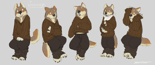 2013 anthro bandanna biped blush canid canine canis claws clothed clothing conditional_dnp ears_back eyes_closed hindpaw jeremy_(sefeiren) kerchief male mammal multiple_poses paws pivoted_ears pose sefeiren sitting sleeping solo standing sweater topwear wolf // 1200x503 // 149.1KB