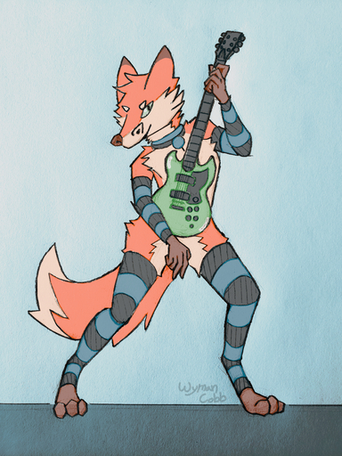 3:4 absurd_res anthro armwear bottomless canid canine clothed clothing collar elbow_gloves fox fur girly gloves graphite_(artwork) green_eyes guitar handwear hi_res legwear male mammal musical_instrument pencil_(artwork) plucked_string_instrument red_body red_fur simple_background solo string_instrument thigh_highs topless traditional_media_(artwork) wyman_cobb // 3024x4032 // 9.4MB