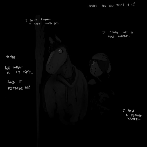 1:1 abandoned abandoned_building black_and_white canid canine canis clothed clothing comic creepy dark domestic_dog duo equid equine female graffiti hi_res hladilnik horse male mammal michelle_(hladilnik) monochrome night scared school text will_(hladilnik) zebra // 1280x1280 // 47.1KB