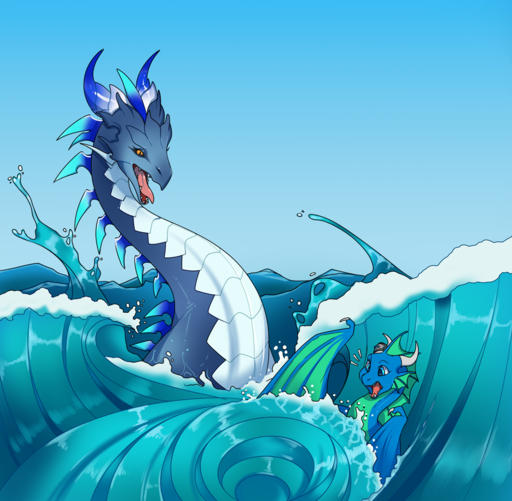 2020 ambiguous_gender back_spikes blue_eyes claws cool_colors day detailed_background digital_media_(artwork) dragalia_lost dragon duo feral head_spikes horn leviathan membrane_(anatomy) membranous_wings mercury_(dragalia_lost) open_mouth outside sky spikes spikes_(anatomy) teeth tongue uni unusual_spikes wings wyvern // 1000x979 // 760.3KB