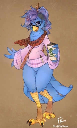 2019 4_toes accessory anisodactyl anthro avian bag beak beverage biped bird bird_feet blue_body blue_eyes blue_feathers bottomless chest_tuft clothed clothing coffee coffee_cup digital_media_(artwork) eyewear feathered_wings feathers featureless_crotch feet female fluff-kevlar furgonomics glasses hair hair_accessory hair_sticks hairclip hi_res holding_object leg_warmers legwear long_sleeves looking_at_viewer meme messy_hair open_mouth partially_clothed pen raised_leg scarf simple_background smile solo standing sweater tail_feathers talons toes tongue topwear tuft tweetfur twitter wings // 783x1306 // 200.5KB
