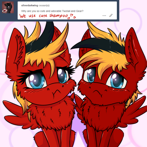 1:1 <3 black_hair blonde_hair blue_eyes blush brother duo english_text equid equine fan_character feathered_wings feathers female feral fur gear_(mlp) hair horse looking_at_viewer male mammal multicolored_hair my_little_pony pegasus pouting red_body red_fur red_wings sibling simple_background sister spread_wings text tumblr twotail813 twotail_(mlp) wings // 800x800 // 415.3KB
