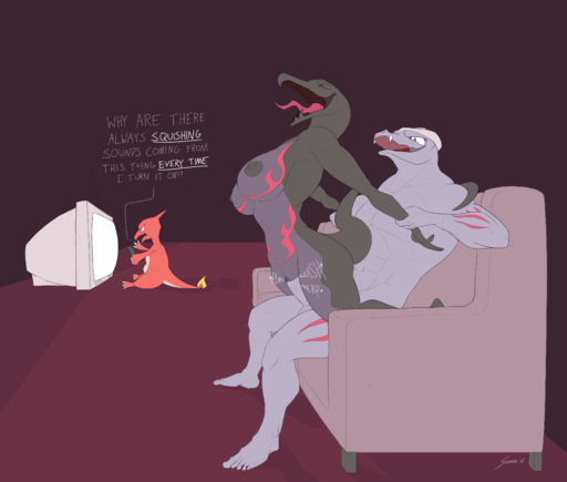 2021 absurd_res angry anthro anthrofied arm_pull balls bent_legs big_breasts breasts charmeleon clitoris controller dialogue double_arm_grab double_forearm_grab english_text extended_arms eyes_closed female fire furniture genitals grabbing_arms grabbing_forearms group hands_on_arms hands_on_forearms hi_res highlighted_text huge_breasts legs_over_edge long_tongue looking_pleasured machoke male malefemale muscular muscular_male nipples non-mammal_breasts on_bottom on_top open_mouth over_edge penetration penis pokemon_(species) pussy remote_control reptile reverse_cowgirl_position salazzle scalie sex shadow shredded_wheat signature sofa stealth_sex tail_around_partner tail_wrapping television text tongue tongue_out trio underline vaginal vaginal_penetration video_games // 4012x3405 // 1.4MB