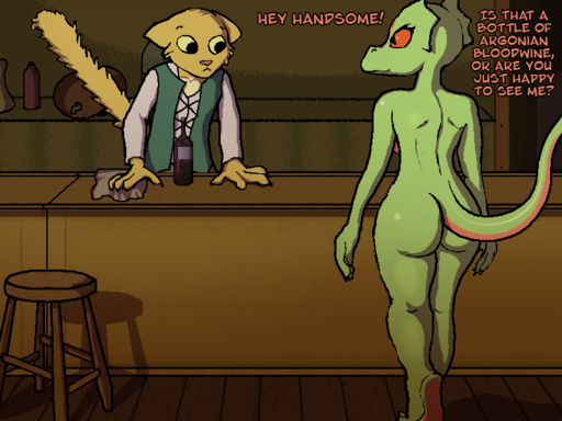 4:3 anthro argonian bluedraggy bottle breasts butt clothing duo english_text erect_tail felid female khajiit male mammal nipples non-mammal_breasts nude s'thengir scalie text video_games webcomic weedum-ja // 800x600 // 287.0KB