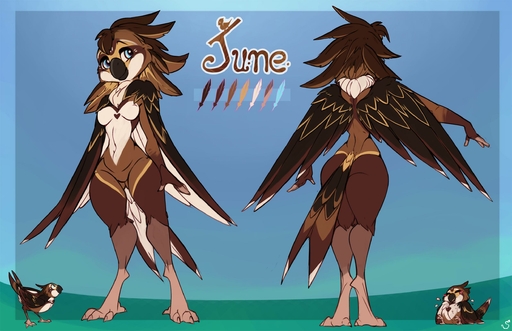 4_toes anisodactyl anthro avian beak bird bird_feet blue_eyes breasts brown_beak feathered_crest feathered_wings feathers feet female feral head_crest hi_res june_(disambiguation) model_sheet multiple_forms non-mammal_breasts oscine passerine solo sparrow spirale tail_feathers toes wings // 2500x1617 // 262.4KB