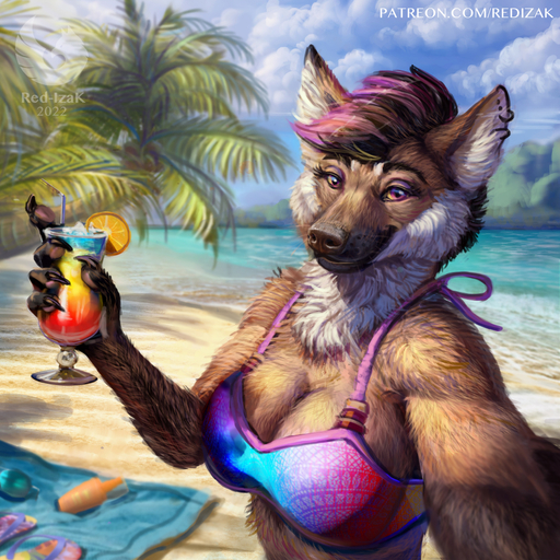 2022 alcohol anthro beach beverage bikini bikini_top biped breasts brown_body brown_fur canid canine claws cleavage clothed clothing cocktail detailed_background digital_media_(artwork) ear_piercing ear_ring female finger_claws fur hair looking_at_viewer mammal maned_wolf outside palm_tree pawpads piercing pink_hair plant red-izak ring_piercing seaside smile solo swimwear tree white_body white_fur // 1000x1000 // 779.2KB