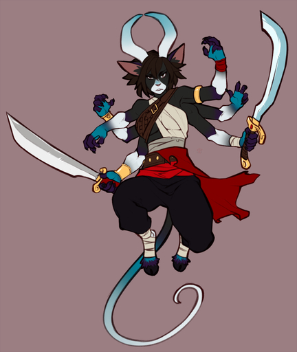 6_arms anthro armband armor bandage belt bottomwear bovid bracers caprine clothing demon digitigrade faint felid female foot_wraps horn hybrid mammal melee_weapon multi_arm multi_limb pants simple_background solo suspended_in_midair sword weapon wrapping wraps // 844x1000 // 303.8KB