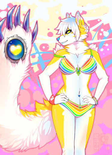 anthro bikini breasts canid canine clothed clothing female fur grungecandy hair hi_res mammal off_shoulder smile solo standing swimwear wide_hips // 1600x2198 // 1.8MB
