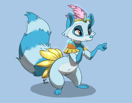 2016 anthro blue_body blue_fur bottomless clothed clothing feathers female fur hi_res mammal navel princess procyonid raccoon royalty simple_background siroc solo windflower_(palace_pets) // 1734x1353 // 623.0KB