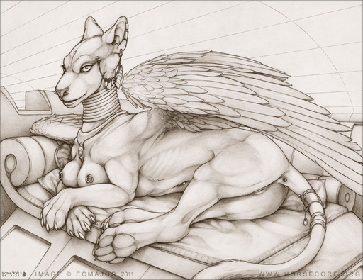2011 anus avian breasts busty_feral collar ear_piercing ecmajor egyptian feathered_wings feathers felid female feral genitals greyscale hybrid jewelry lying mammal monochrome mythological_sphinx mythology nipple_piercing nipples on_side piercing posture_collar pussy simple_background sketch solo tail_jewelry tail_ring white_background wings // 987x761 // 305.2KB