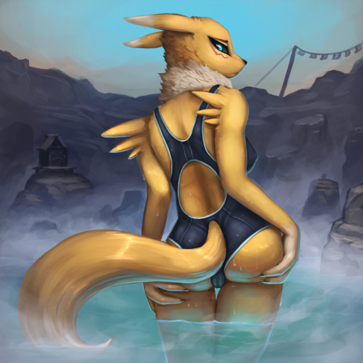 1:1 2016 anthro black_sclera breasts butt canid canine clothing digimon digimon_(species) digital_media_(artwork) digital_painting_(artwork) female fur hand_on_butt hi_res holding_butt hot_spring looking_at_viewer looking_back mammal one-piece_swimsuit open-back_swimsuit outside photonoko presenting presenting_hindquarters rear_view renamon solo sport_swimsuit spread_butt spreading swimwear water wet yellow_body yellow_fur // 2000x2000 // 3.4MB